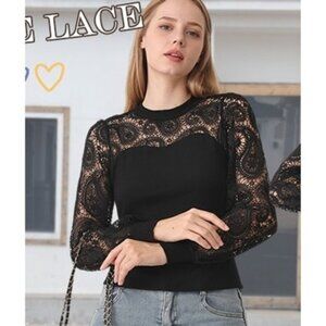 Women's Sexy Slim Fit Lace Patchwork Blouse - Long Sleeve, Crewneck, Medium